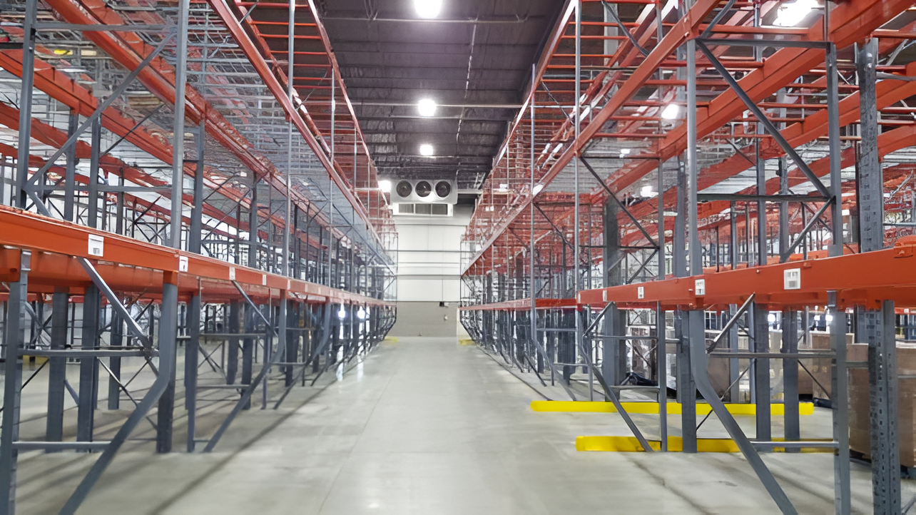 Eye-level aisle view looking down a clean warehouse floor between tall rows of empty grey and orange double deep selective pallet racking with yellow floor guards.