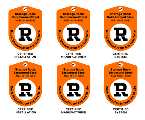A grid of six orange shield-shaped certification badges from the Rack Manufacturers Institute (RMI) for Cold-Formed Steel and Structural Steel storage racks, indicating Certified Installation, Certified Manufacturer, and Certified System compliance with ANSI MH16.1-2023.