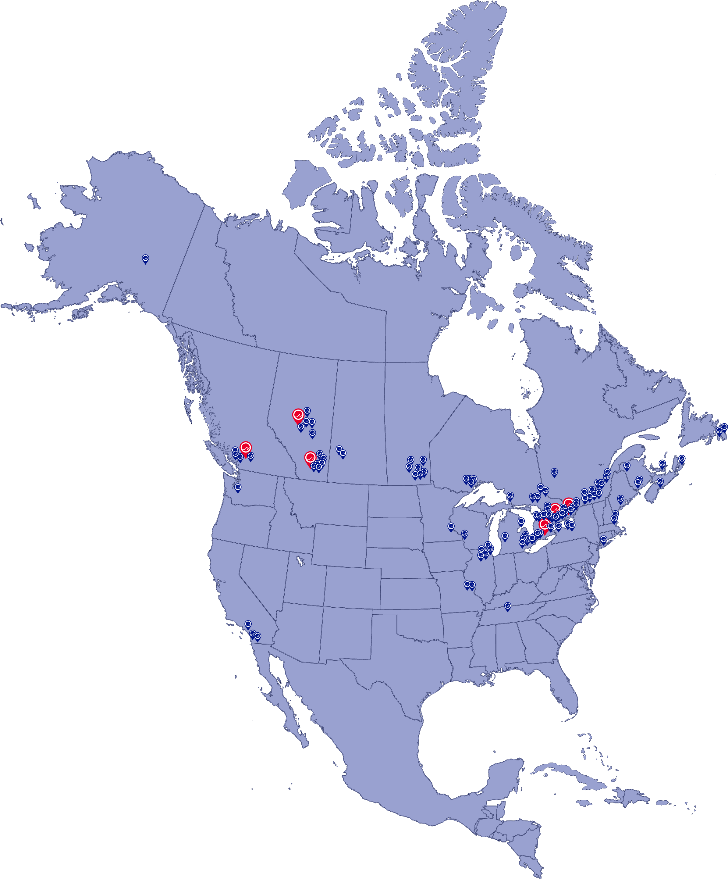Map of North America showing NAS Group manufacturing plants and dealer network