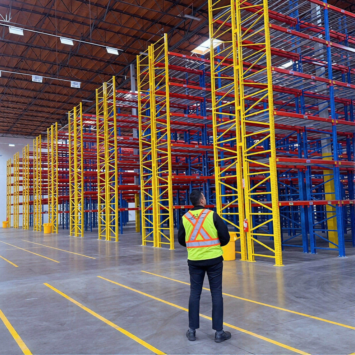 A warehouse worker in a high-visibility safety vest standing on a clean concrete floor, looking up at tall pushback pallet racking featuring yellow upright frames, blue side supports, and red flow rails.