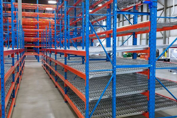Perspective view down a warehouse aisle showing blue and orange carton flow rack modules with sloped wheel beds.