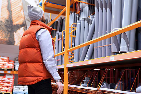 Low-angle view of a customer inspecting PVC piping organized vertically within an orange retail fixture rack equipped with wire dump baskets below.