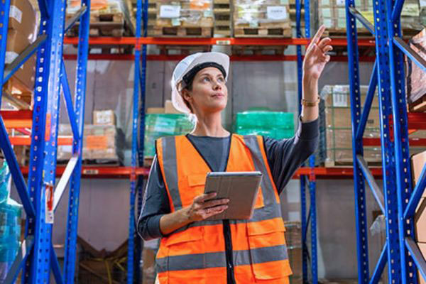 Warehouse manager in safety gear using a digital tablet to monitor inventory levels in a high-density warehouse racking solution.