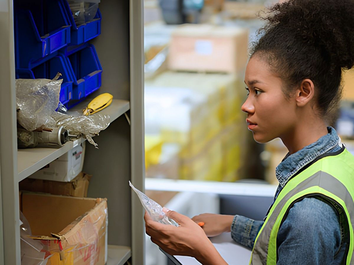 Close-up of a warehouse worker inspecting inventory items near blue small-parts storage bins mounted on a shelving rack.